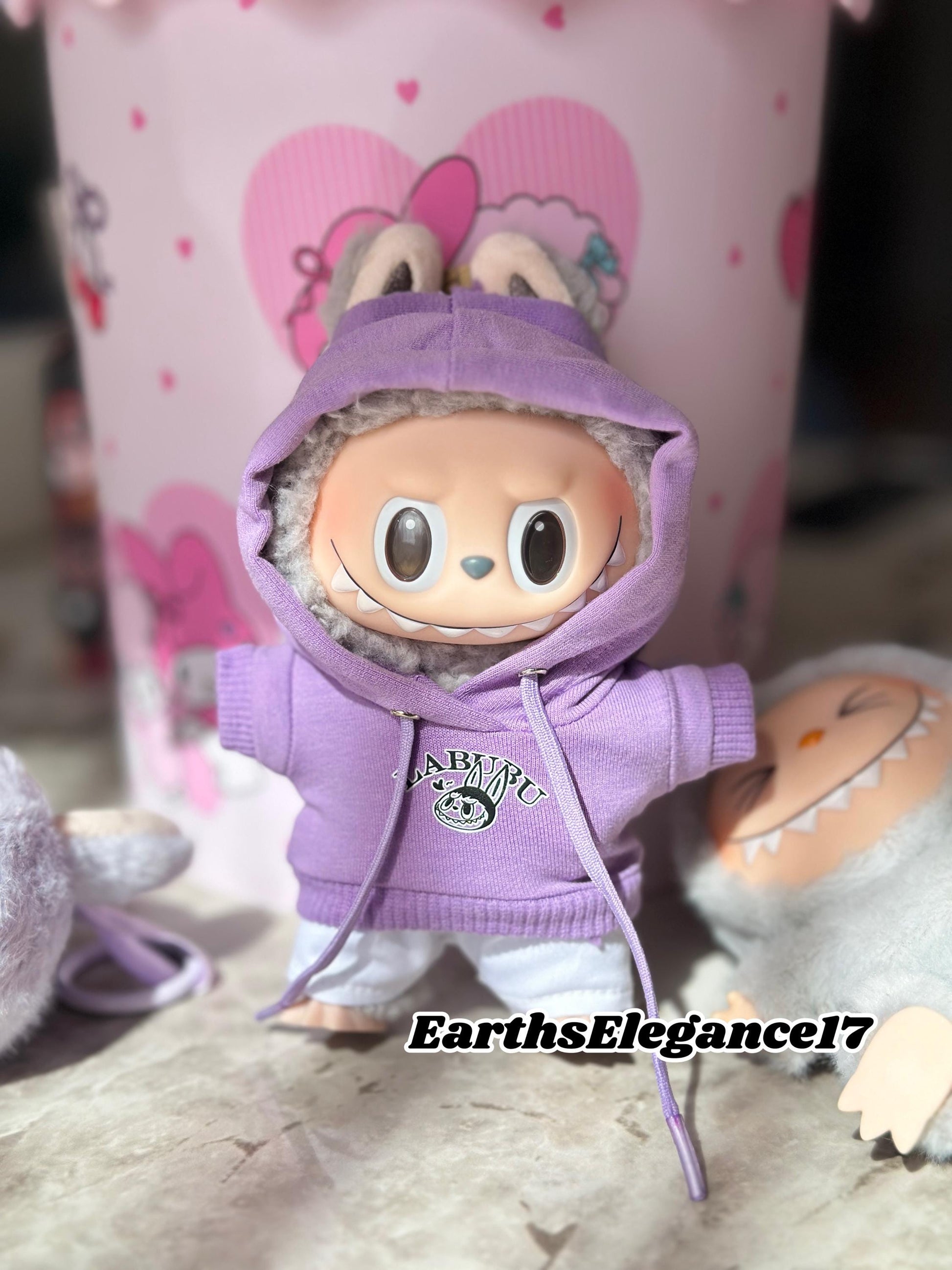 Handmade Purple Labubu Hoodie Set |Doll Clothes with Smiling Labubu Print & White Pants | Labubu Macaron Series Outfit| Labubu Hoodie Outfit