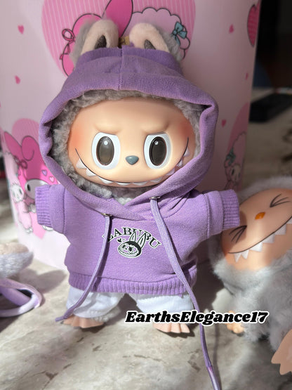 Handmade Purple Labubu Hoodie Set |Doll Clothes with Smiling Labubu Print & White Pants | Labubu Macaron Series Outfit| Labubu Hoodie Outfit