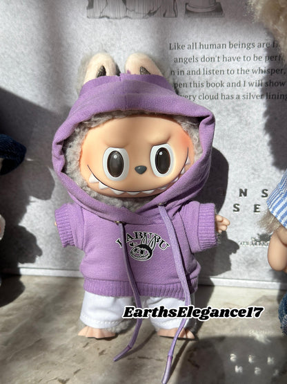 Handmade Purple Labubu Hoodie Set |Doll Clothes with Smiling Labubu Print & White Pants | Labubu Macaron Series Outfit| Labubu Hoodie Outfit