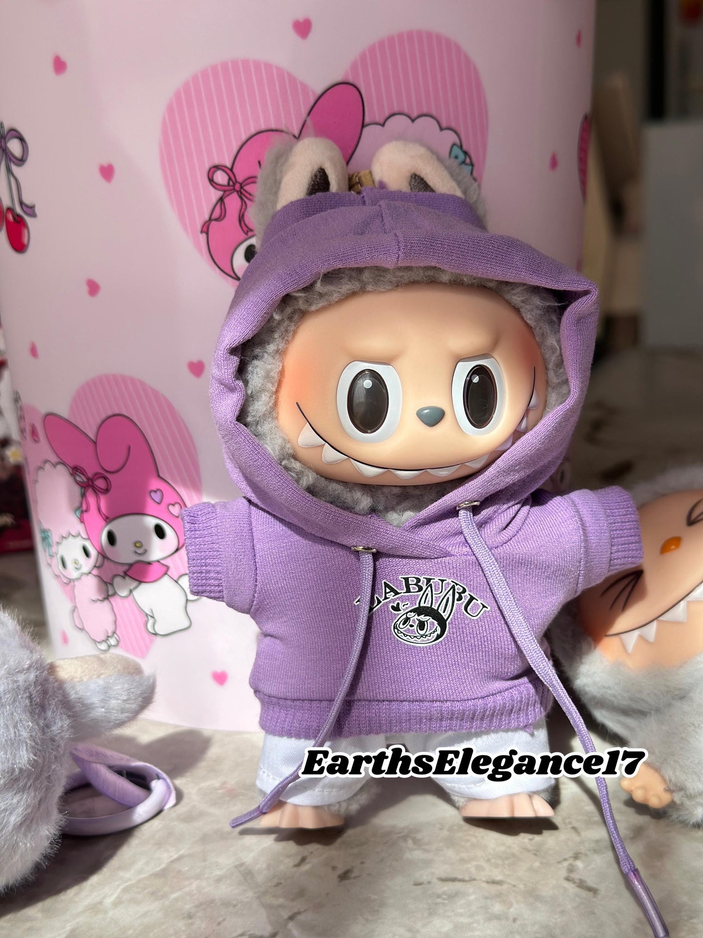 Handmade Purple Labubu Hoodie Set |Doll Clothes with Smiling Labubu Print & White Pants | Labubu Macaron Series Outfit| Labubu Hoodie Outfit