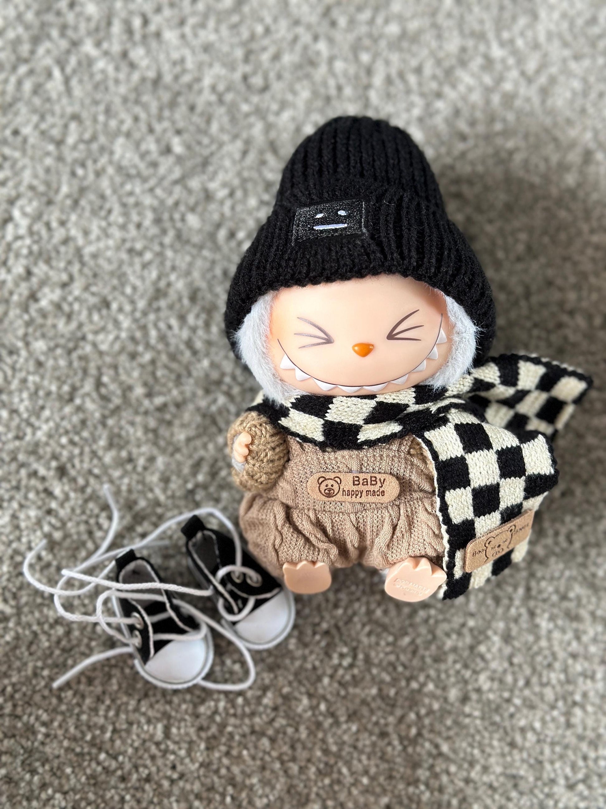 Handmade Knit Urban Winter Labubu Outfit - Cool Earth Tones | Brown Knit Sweater Black Beanie&Brown Overalls | Kawaii Gift for Labubu Lovers