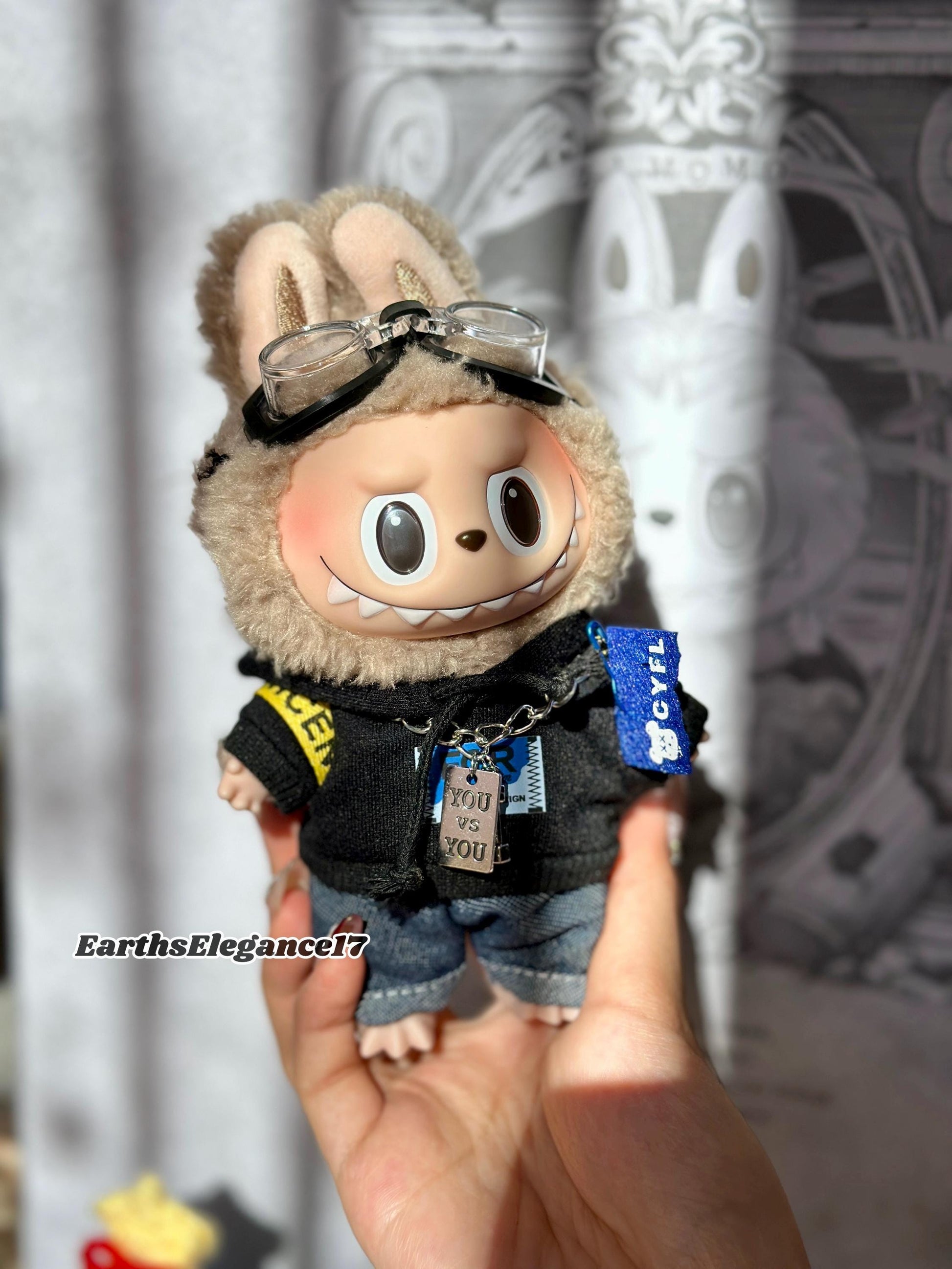 Handmade Labubu Swaggy Rapper Outfit | Labubu Clothes |Handcrafted Hoodie, Goggles, Chain Necklace | Unique Streetwear Style for Collectors