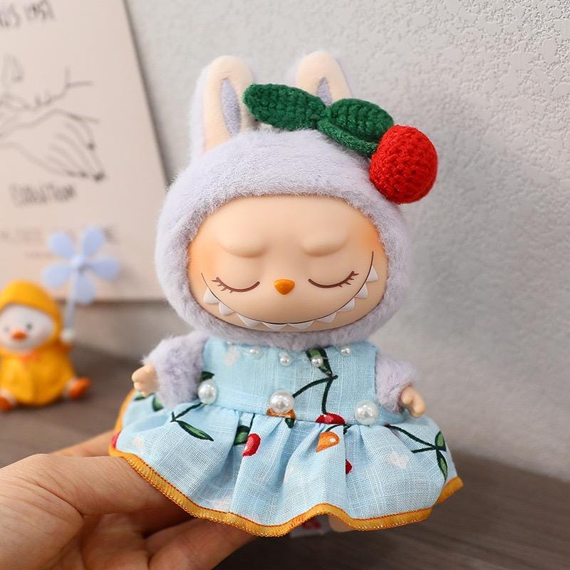Handmade Labubu Cherry Dress Set for Macaron "Have a Seat" Series | Cotton Fabric Doll Outfit with Crochet Cherry Headpiece| Labubu Dress
