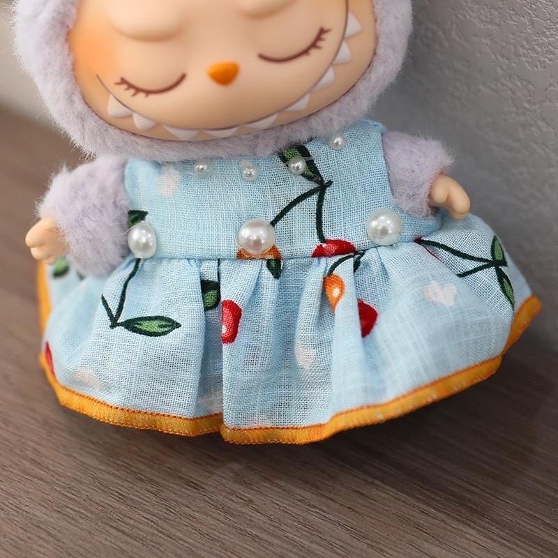 Handmade Labubu Cherry Dress Set for Macaron "Have a Seat" Series | Cotton Fabric Doll Outfit with Crochet Cherry Headpiece| Labubu Dress