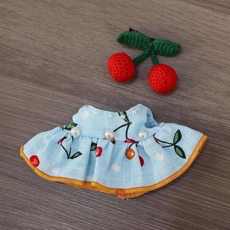 Handmade Labubu Cherry Dress Set for Macaron "Have a Seat" Series | Cotton Fabric Doll Outfit with Crochet Cherry Headpiece| Labubu Dress