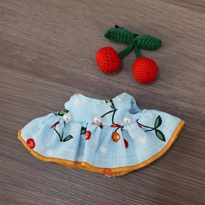 Handmade Labubu Cherry Dress Set for Macaron "Have a Seat" Series | Cotton Fabric Doll Outfit with Crochet Cherry Headpiece| Labubu Dress