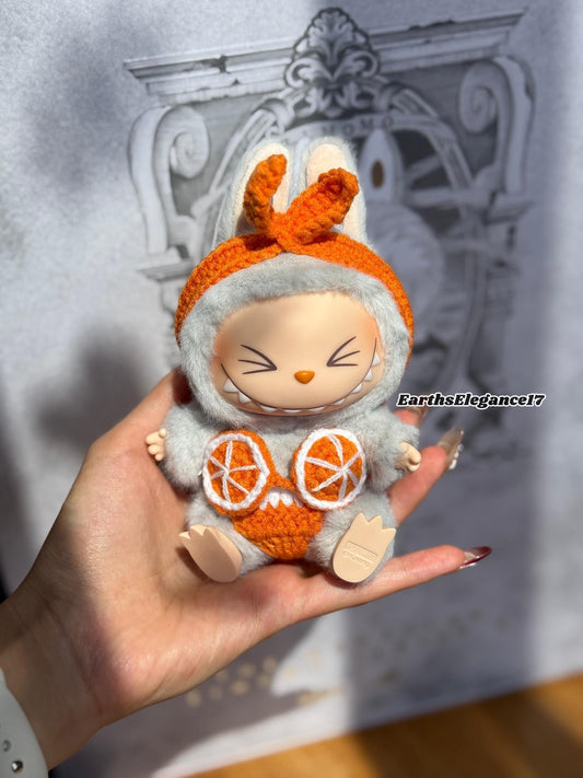 Handmade Crochet Labubu Summer Bikini Set- Australian Beach Vibes | 3-Piece Outfit | Cute Orange Slice Top & Hair Accessory| Labubu Bikini