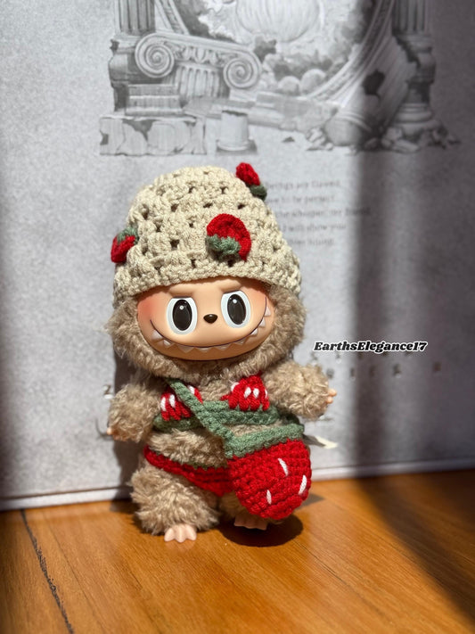 Handmade Strawberry Bikini Set for Labubu | Cute Strawberry Bag & Beanie | Adorable Crochet Labubu Outfit for Collectors