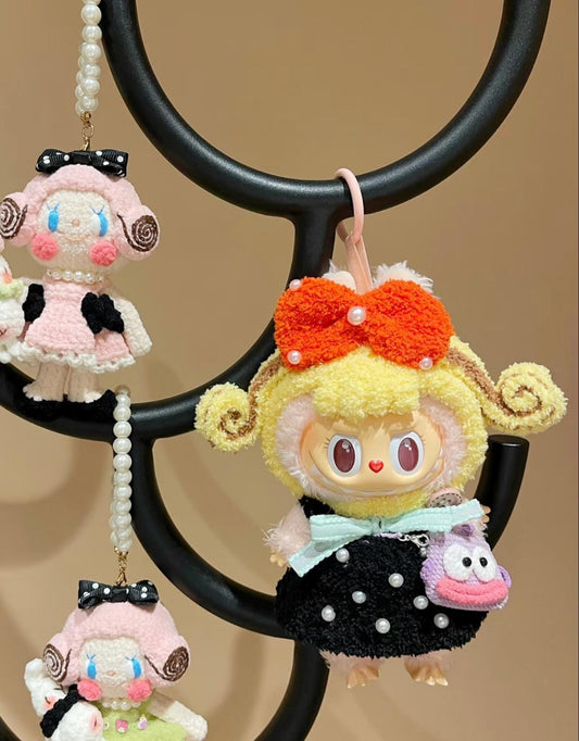 Handmade Crochet Curly Hair Girl Outfit for Macaron Labubu | Crochet Macaron Labubu Clothes Bag Charm | Kawaii Gift For Labubu Lovers