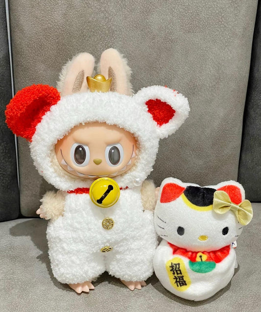 Handmade Crochet Maneki-Neko[Beckoning Cat] Attract Wealth Outfit for Macaron Labubu | Crochet Macaron Labubu Clothes Bag Charm |Kawaii Gift