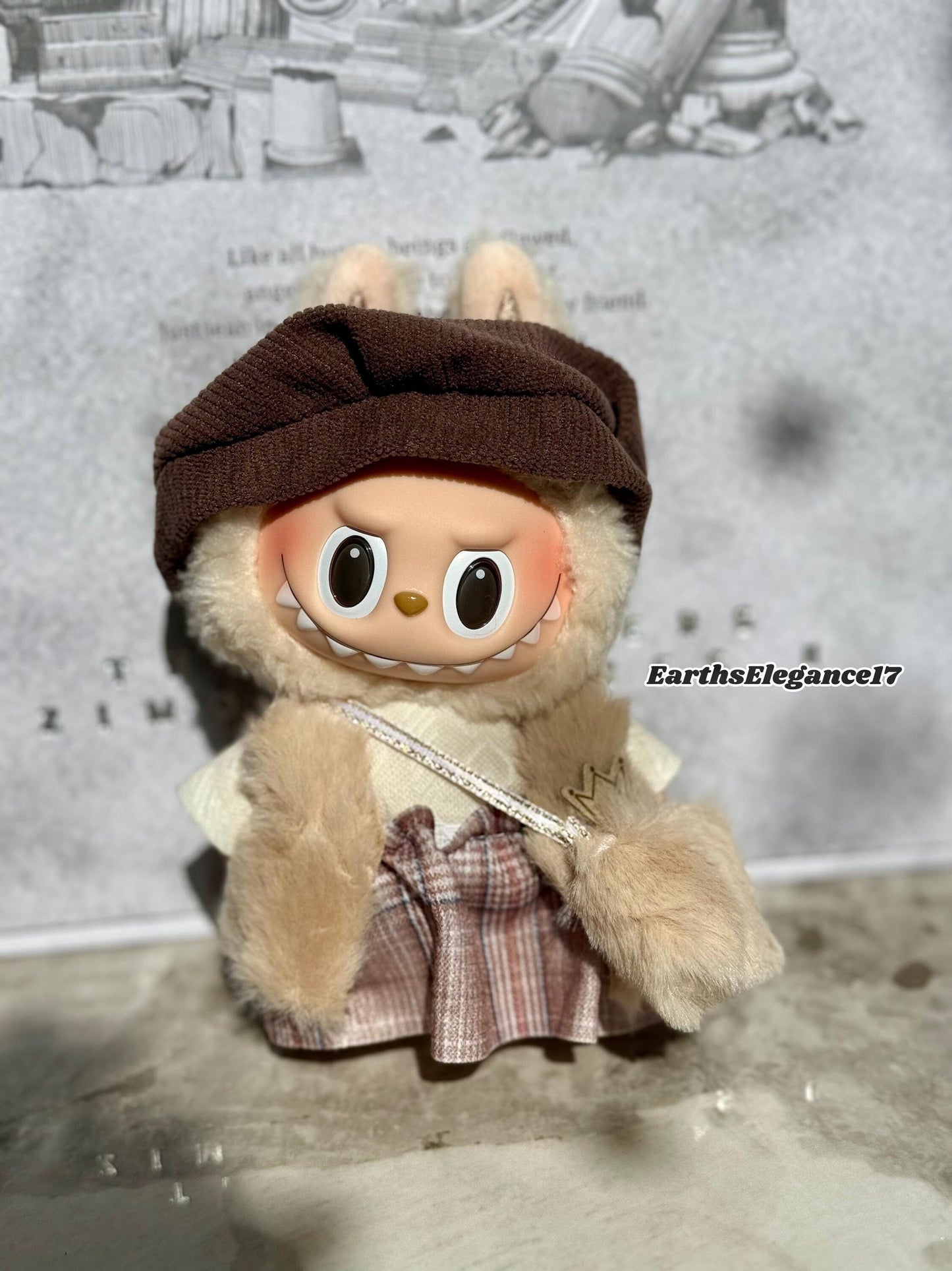 Handmade Chic Labubu Couture 5-Piece Faux Fur & Checkered Outfit for Have A Seat Macaron Labubu Dolls| Labubu Lady Dresses|Labubu Outfits