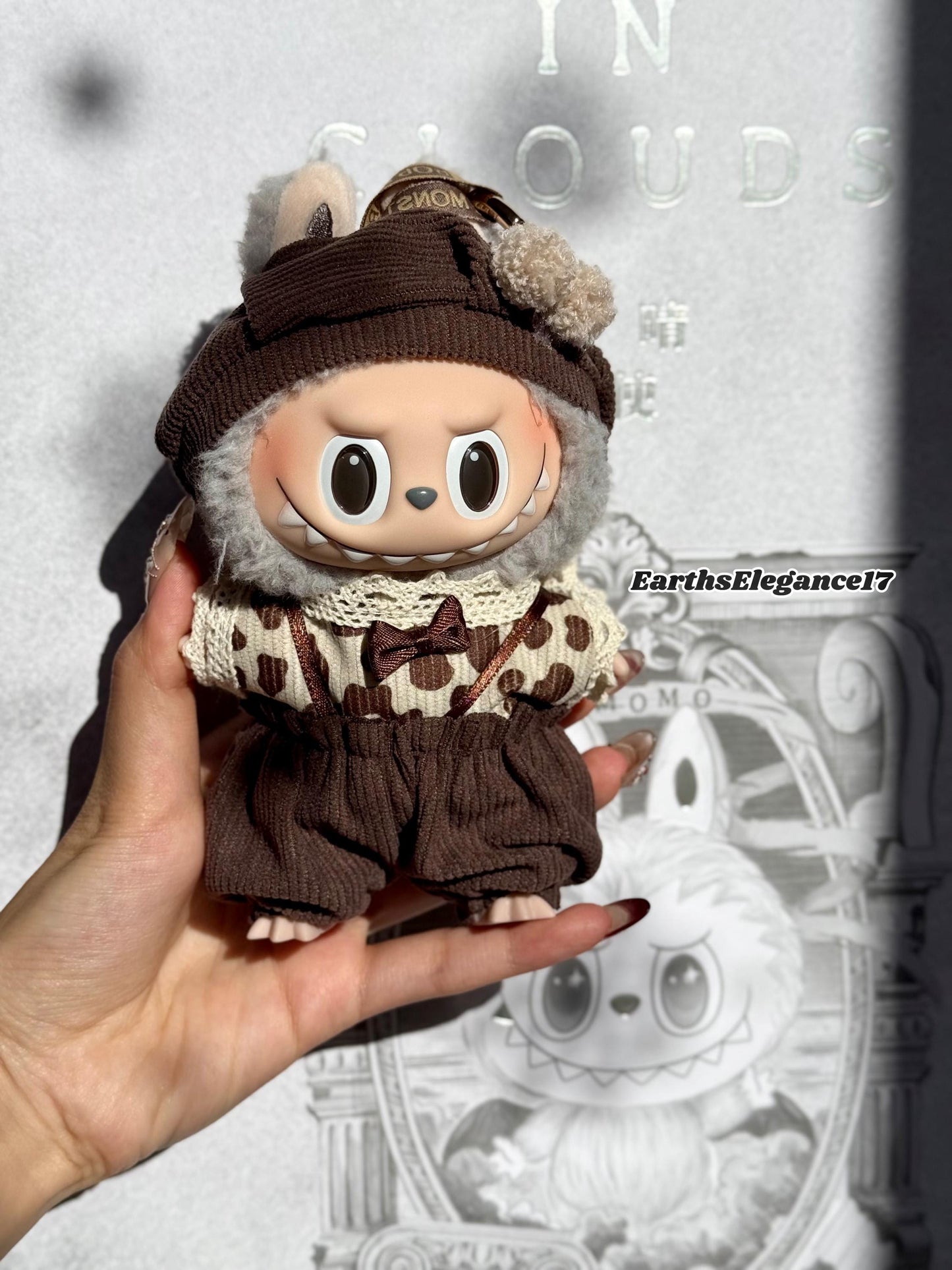 Handmade Labubu Doll Clothes - "Cozy Cocoa Set" Beret Hat w/ Pom-Poms, Lace-Trimmed Leopard Dot Shirt & Brown Overalls Gift for Collectors