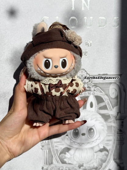 Handmade Labubu Doll Clothes - "Cozy Cocoa Set" Beret Hat w/ Pom-Poms, Lace-Trimmed Leopard Dot Shirt & Brown Overalls Gift for Collectors
