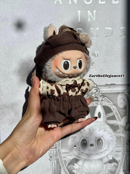 Handmade Labubu Doll Clothes - "Cozy Cocoa Set" Beret Hat w/ Pom-Poms, Lace-Trimmed Leopard Dot Shirt & Brown Overalls Gift for Collectors