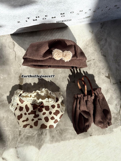 Handmade Labubu Doll Clothes - "Cozy Cocoa Set" Beret Hat w/ Pom-Poms, Lace-Trimmed Leopard Dot Shirt & Brown Overalls Gift for Collectors