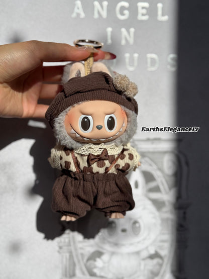 Handmade Labubu Doll Clothes - "Cozy Cocoa Set" Beret Hat w/ Pom-Poms, Lace-Trimmed Leopard Dot Shirt & Brown Overalls Gift for Collectors