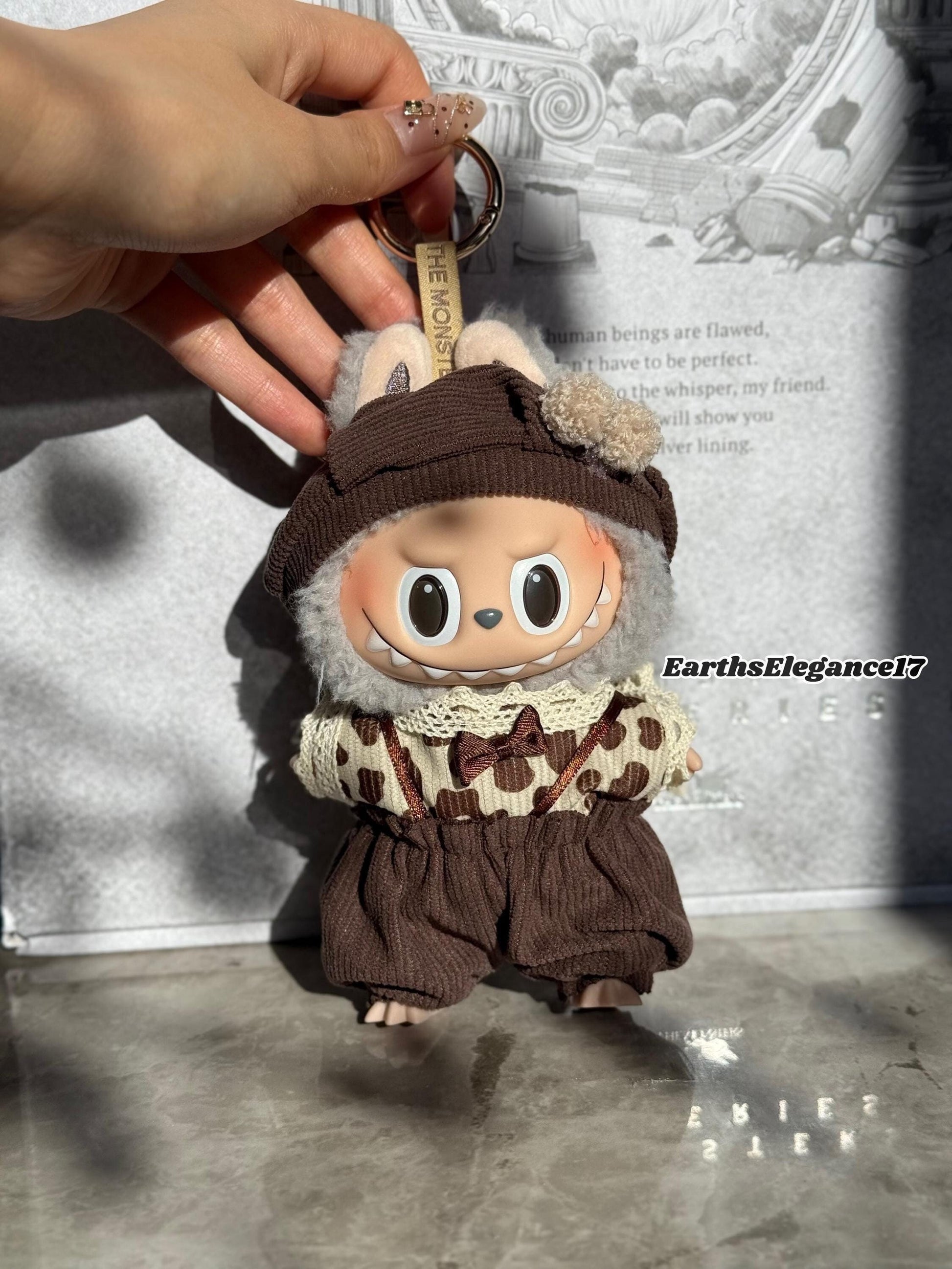 Handmade Labubu Doll Clothes - "Cozy Cocoa Set" Beret Hat w/ Pom-Poms, Lace-Trimmed Leopard Dot Shirt & Brown Overalls Gift for Collectors