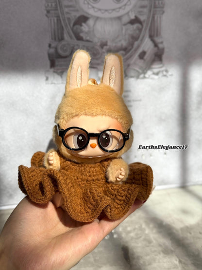 Handmade Crochet Labubu Outfit: Brown Maxi Dress & Turquoise Glasses | Labubu Princess Dress Crochet Doll Clothes| 17cm Doll clothes Gift