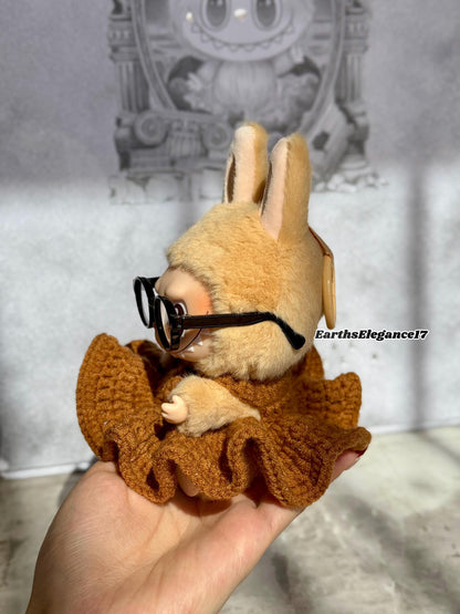 Handmade Crochet Labubu Outfit: Brown Maxi Dress & Turquoise Glasses | Labubu Princess Dress Crochet Doll Clothes| 17cm Doll clothes Gift