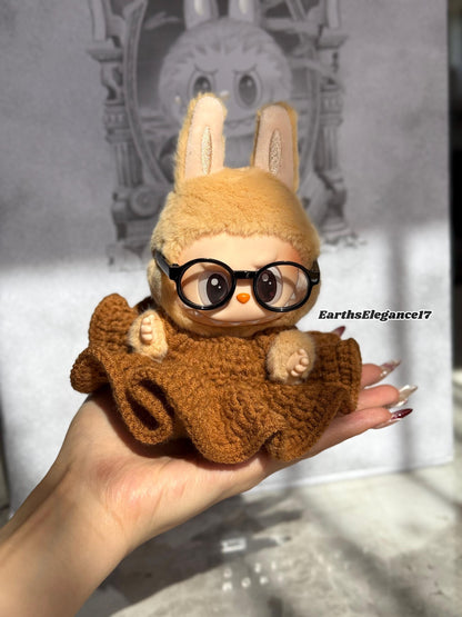 Handmade Crochet Labubu Outfit: Brown Maxi Dress & Turquoise Glasses | Labubu Princess Dress Crochet Doll Clothes| 17cm Doll clothes Gift