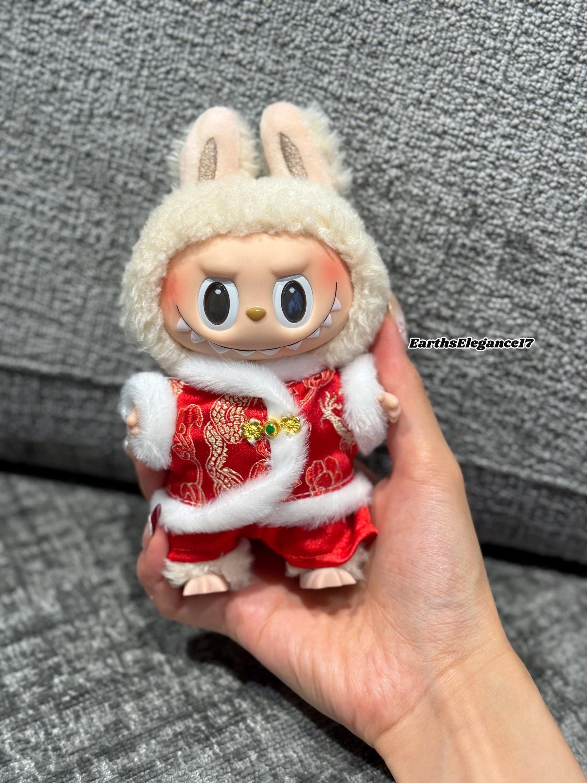 Handmade Chinese New Year Labubu Outfit Red & Gold Traditional Style w/ Faux Fur Trim |Tang-Inspired Dragon Print 2-Piece Set|Labubu Clothes