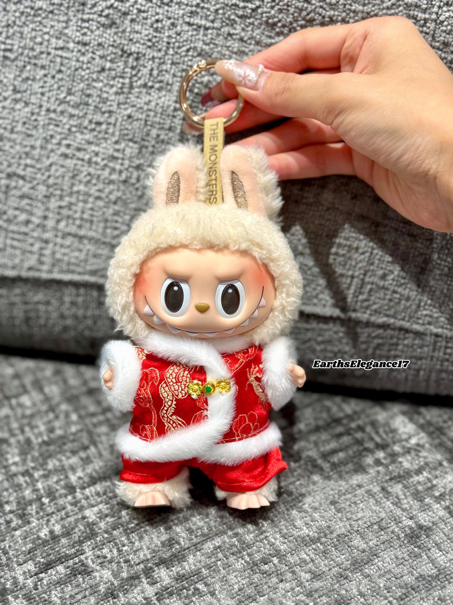 Handmade Chinese New Year Labubu Outfit Red & Gold Traditional Style w/ Faux Fur Trim |Tang-Inspired Dragon Print 2-Piece Set|Labubu Clothes