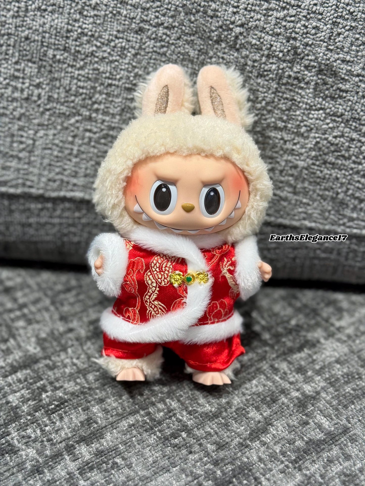 Handmade Chinese New Year Labubu Outfit Red & Gold Traditional Style w/ Faux Fur Trim |Tang-Inspired Dragon Print 2-Piece Set|Labubu Clothes