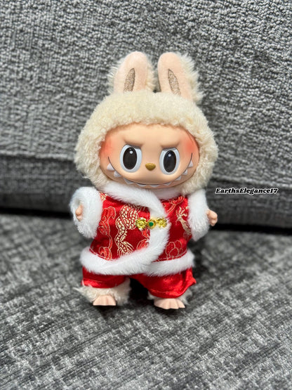 Handmade Chinese New Year Labubu Outfit Red & Gold Traditional Style w/ Faux Fur Trim |Tang-Inspired Dragon Print 2-Piece Set|Labubu Clothes