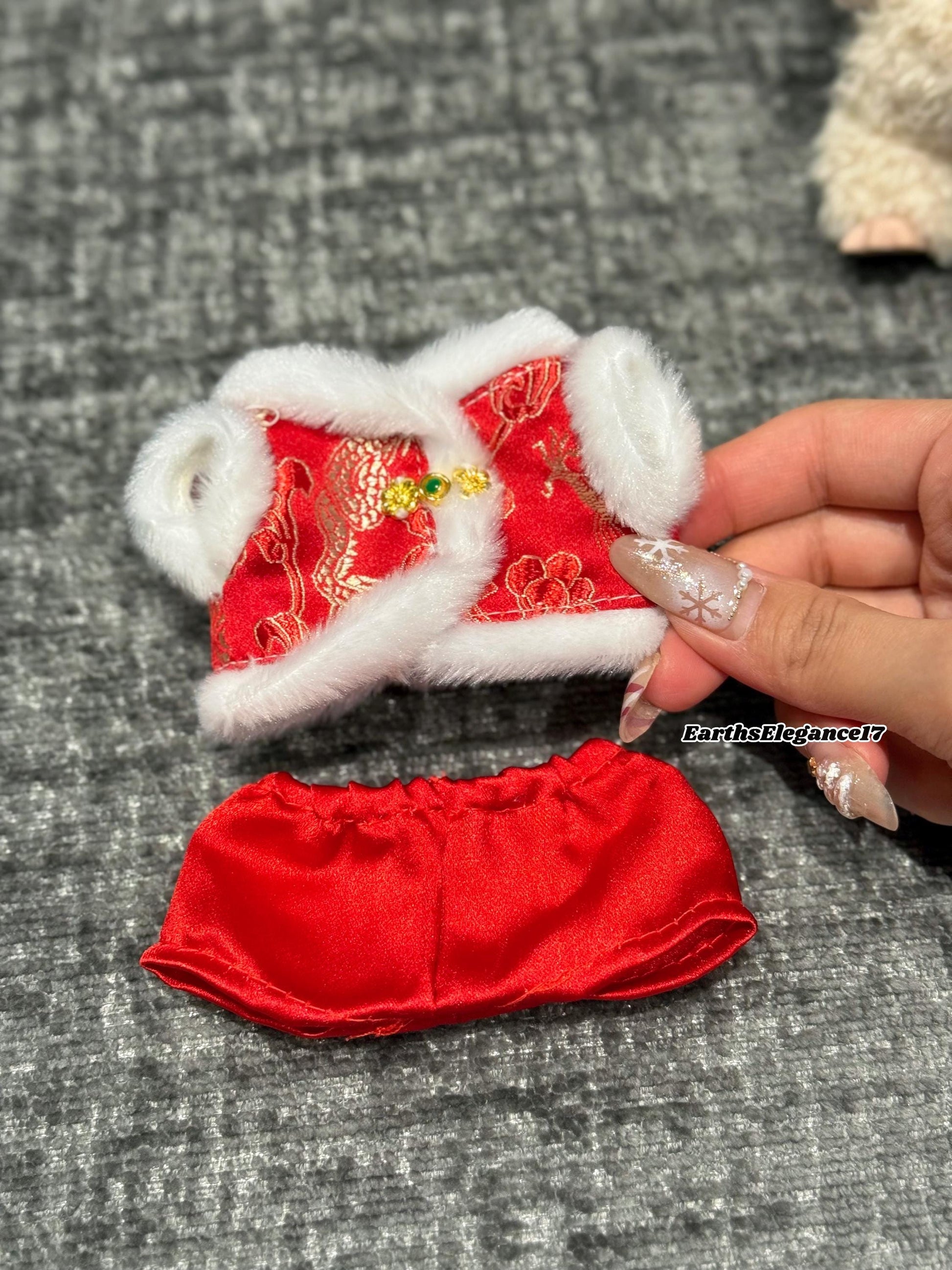 Handmade Chinese New Year Labubu Outfit Red & Gold Traditional Style w/ Faux Fur Trim |Tang-Inspired Dragon Print 2-Piece Set|Labubu Clothes