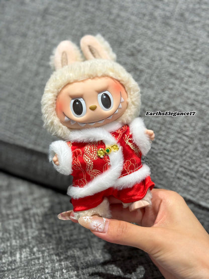 Handmade Chinese New Year Labubu Outfit Red & Gold Traditional Style w/ Faux Fur Trim |Tang-Inspired Dragon Print 2-Piece Set|Labubu Clothes