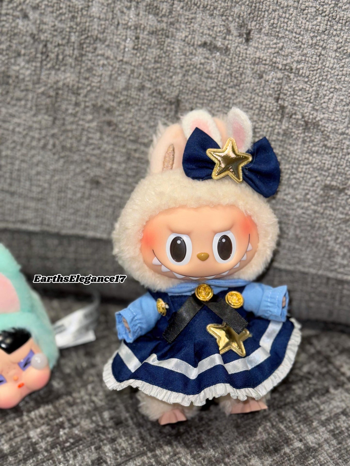 Handmade Navy Blue Multi-Layered Labubu Outfit Fits Macaron Have a Seat Series Ear Bow & Dress Stars, Layers Curvy Trims| Labubu Clothes