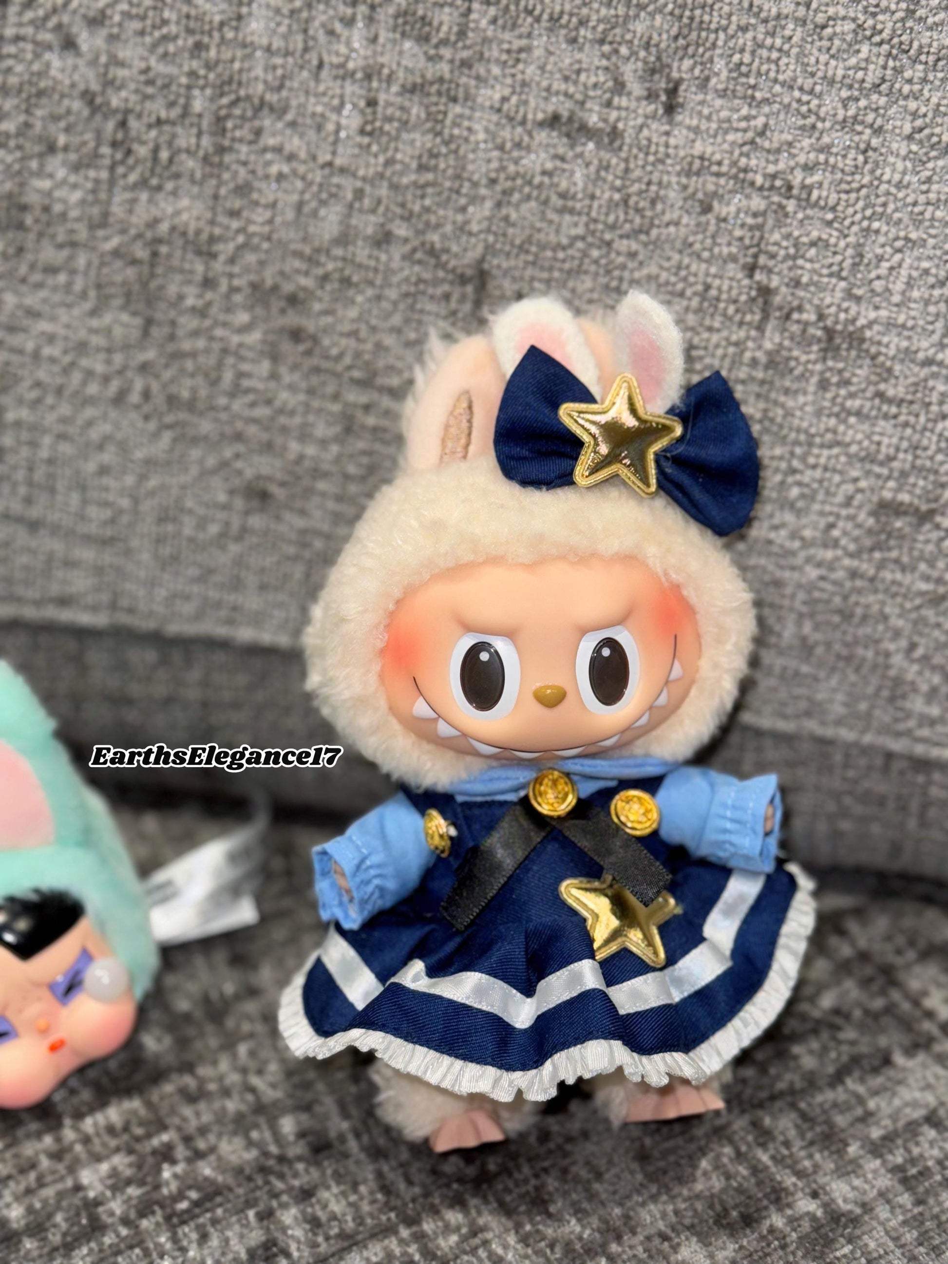 Handmade Navy Blue Multi-Layered Labubu Outfit Fits Macaron Have a Seat Series Ear Bow & Dress Stars, Layers Curvy Trims| Labubu Clothes