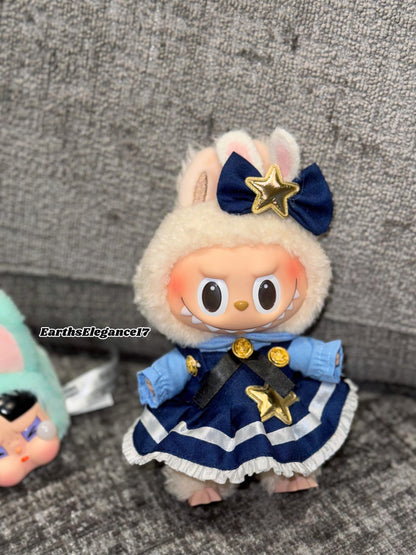 Handmade Navy Blue Multi-Layered Labubu Outfit Fits Macaron Have a Seat Series Ear Bow & Dress Stars, Layers Curvy Trims| Labubu Clothes