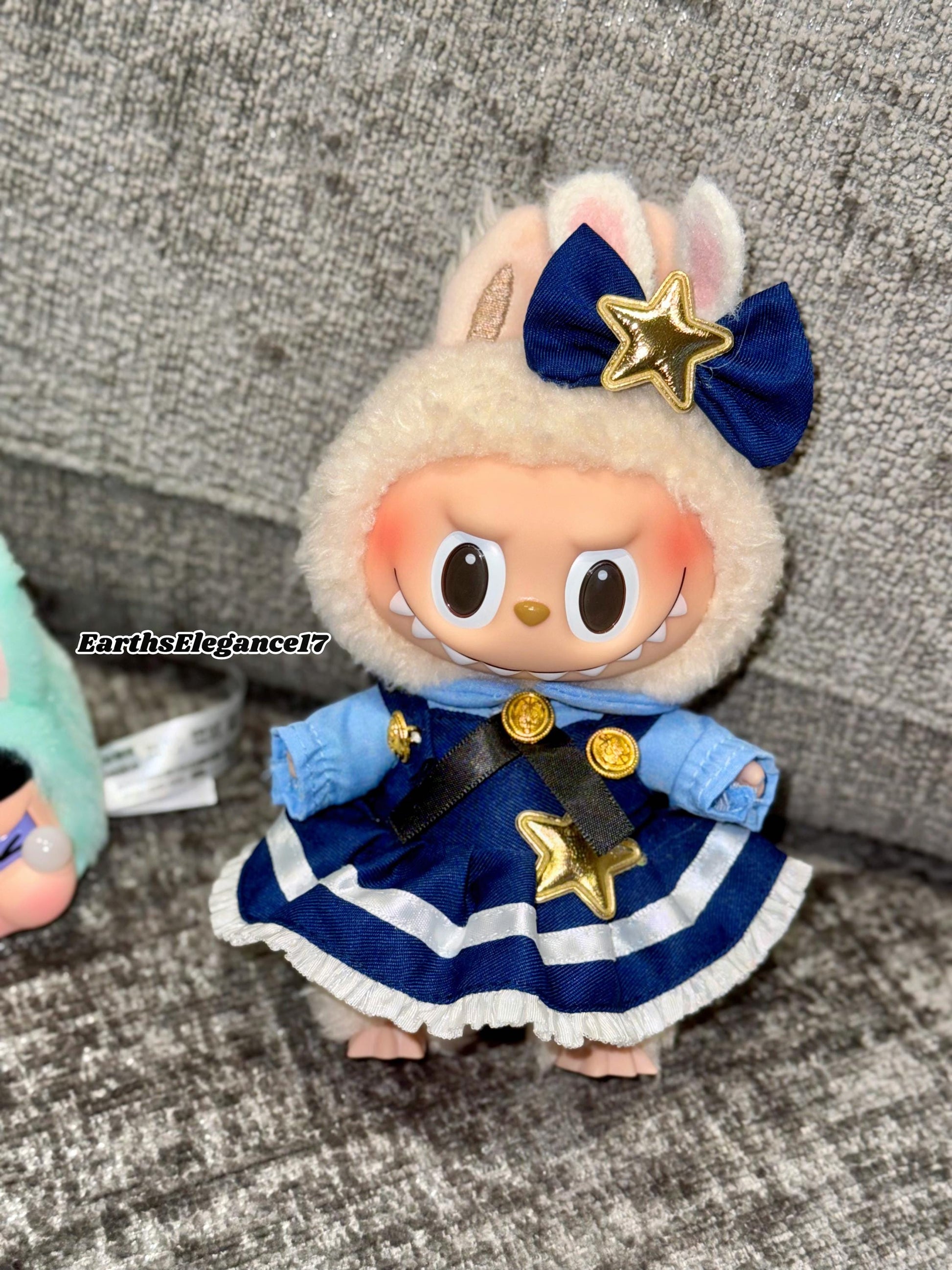 Handmade Navy Blue Multi-Layered Labubu Outfit Fits Macaron Have a Seat Series Ear Bow & Dress Stars, Layers Curvy Trims| Labubu Clothes