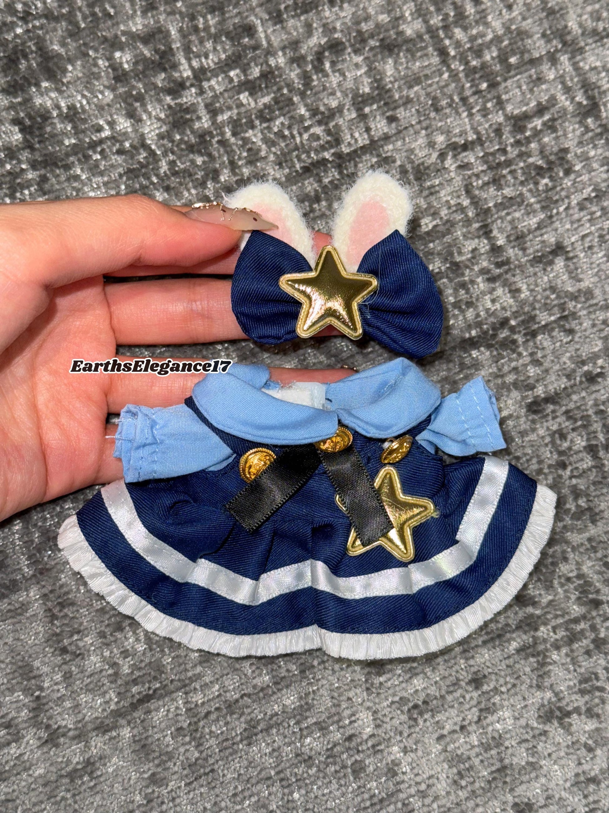 Handmade Navy Blue Multi-Layered Labubu Outfit Fits Macaron Have a Seat Series Ear Bow & Dress Stars, Layers Curvy Trims| Labubu Clothes