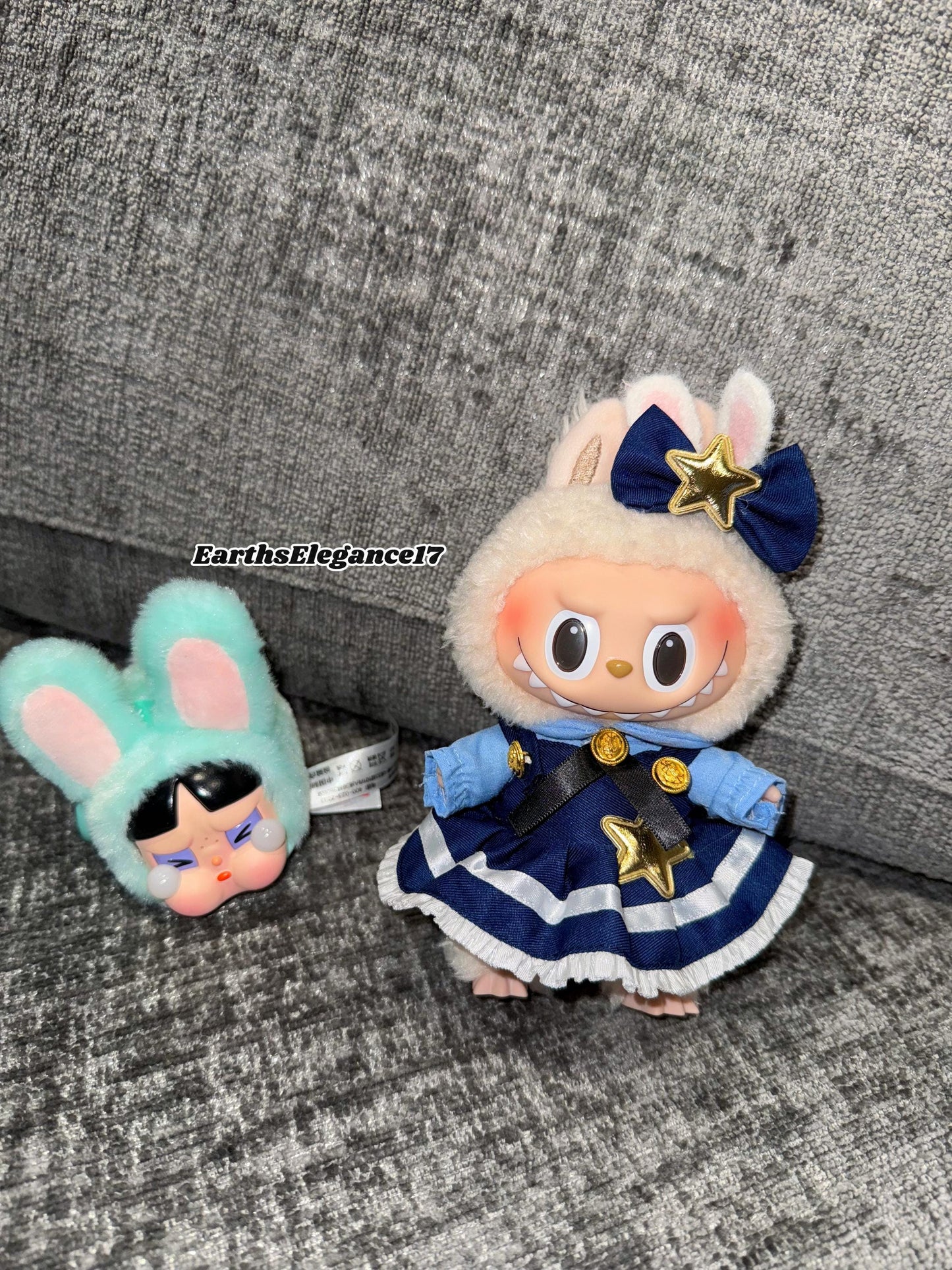 Handmade Navy Blue Multi-Layered Labubu Outfit Fits Macaron Have a Seat Series Ear Bow & Dress Stars, Layers Curvy Trims| Labubu Clothes