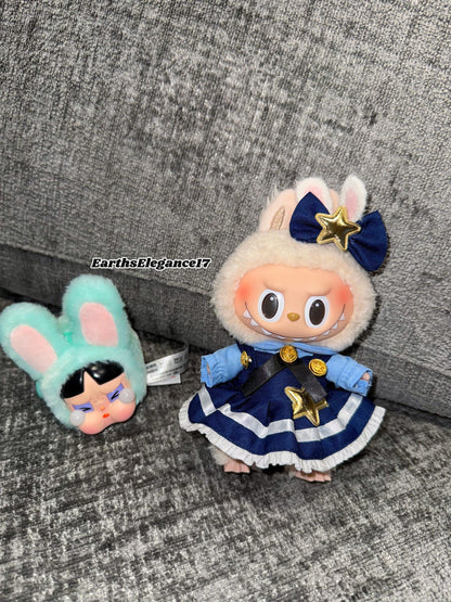 Handmade Navy Blue Multi-Layered Labubu Outfit Fits Macaron Have a Seat Series Ear Bow & Dress Stars, Layers Curvy Trims| Labubu Clothes