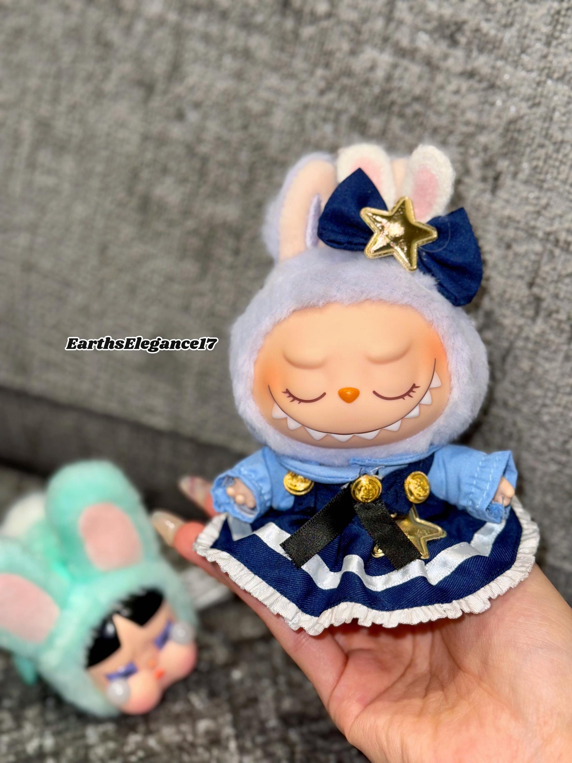 Handmade Navy Blue Multi-Layered Labubu Outfit Fits Macaron Have a Seat Series Ear Bow & Dress Stars, Layers Curvy Trims| Labubu Clothes