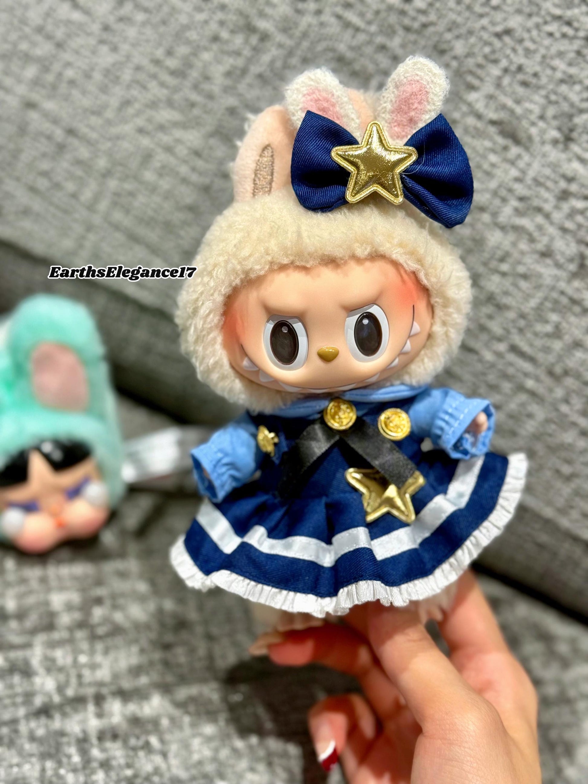 Handmade Navy Blue Multi-Layered Labubu Outfit Fits Macaron Have a Seat Series Ear Bow & Dress Stars, Layers Curvy Trims| Labubu Clothes