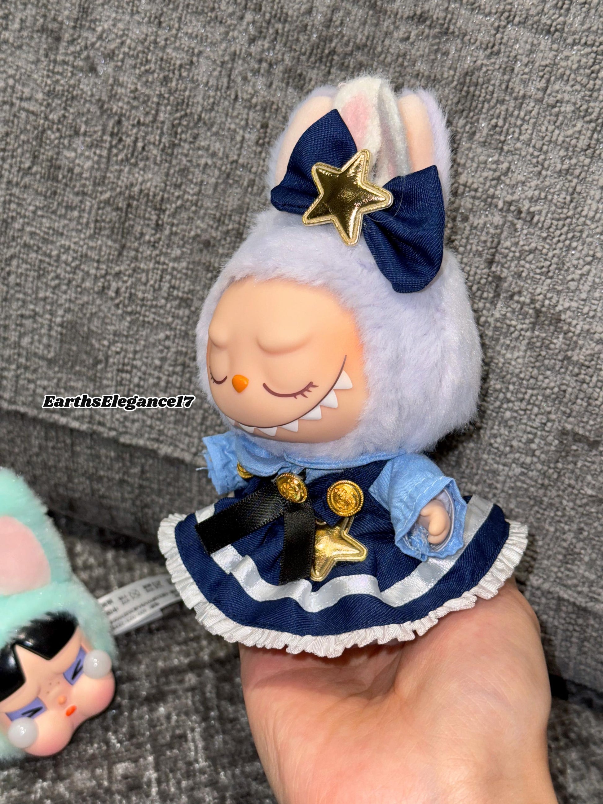 Handmade Navy Blue Multi-Layered Labubu Outfit Fits Macaron Have a Seat Series Ear Bow & Dress Stars, Layers Curvy Trims| Labubu Clothes