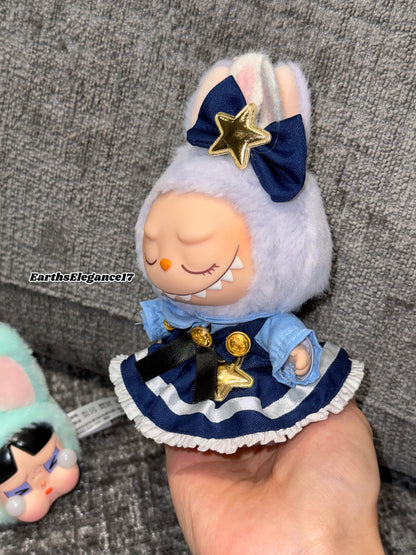 Handmade Navy Blue Multi-Layered Labubu Outfit Fits Macaron Have a Seat Series Ear Bow & Dress Stars, Layers Curvy Trims| Labubu Clothes