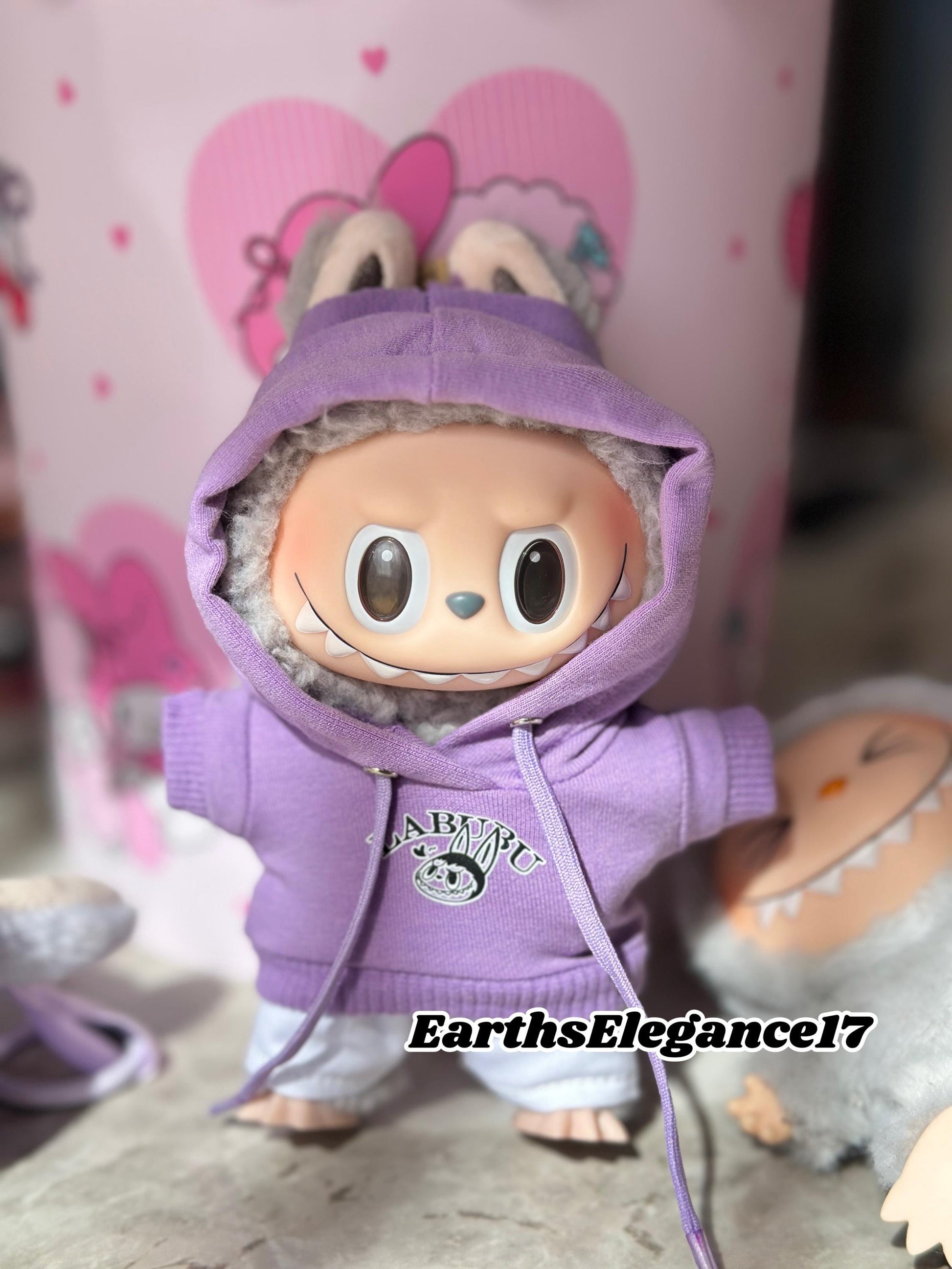 Handmade Purple Labubu Hoodie Set |Doll Clothes with Smiling Labubu Print & White Pants | Labubu Macaron Series Outfit| Labubu Hoodie Outfit