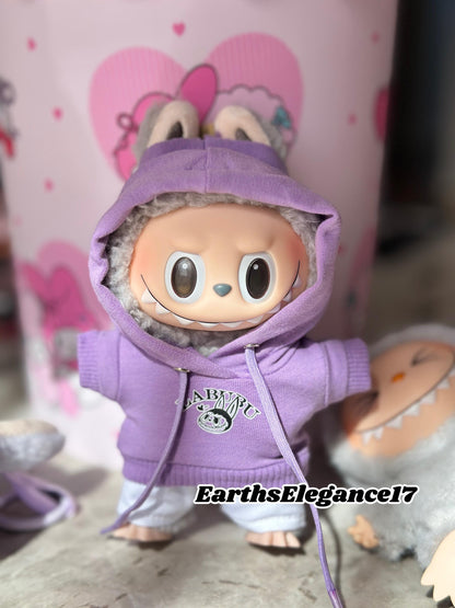 Handmade Purple Labubu Hoodie Set |Doll Clothes with Smiling Labubu Print & White Pants | Labubu Macaron Series Outfit| Labubu Hoodie Outfit