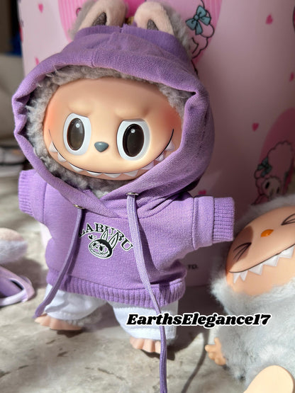 Handmade Purple Labubu Hoodie Set |Doll Clothes with Smiling Labubu Print & White Pants | Labubu Macaron Series Outfit| Labubu Hoodie Outfit