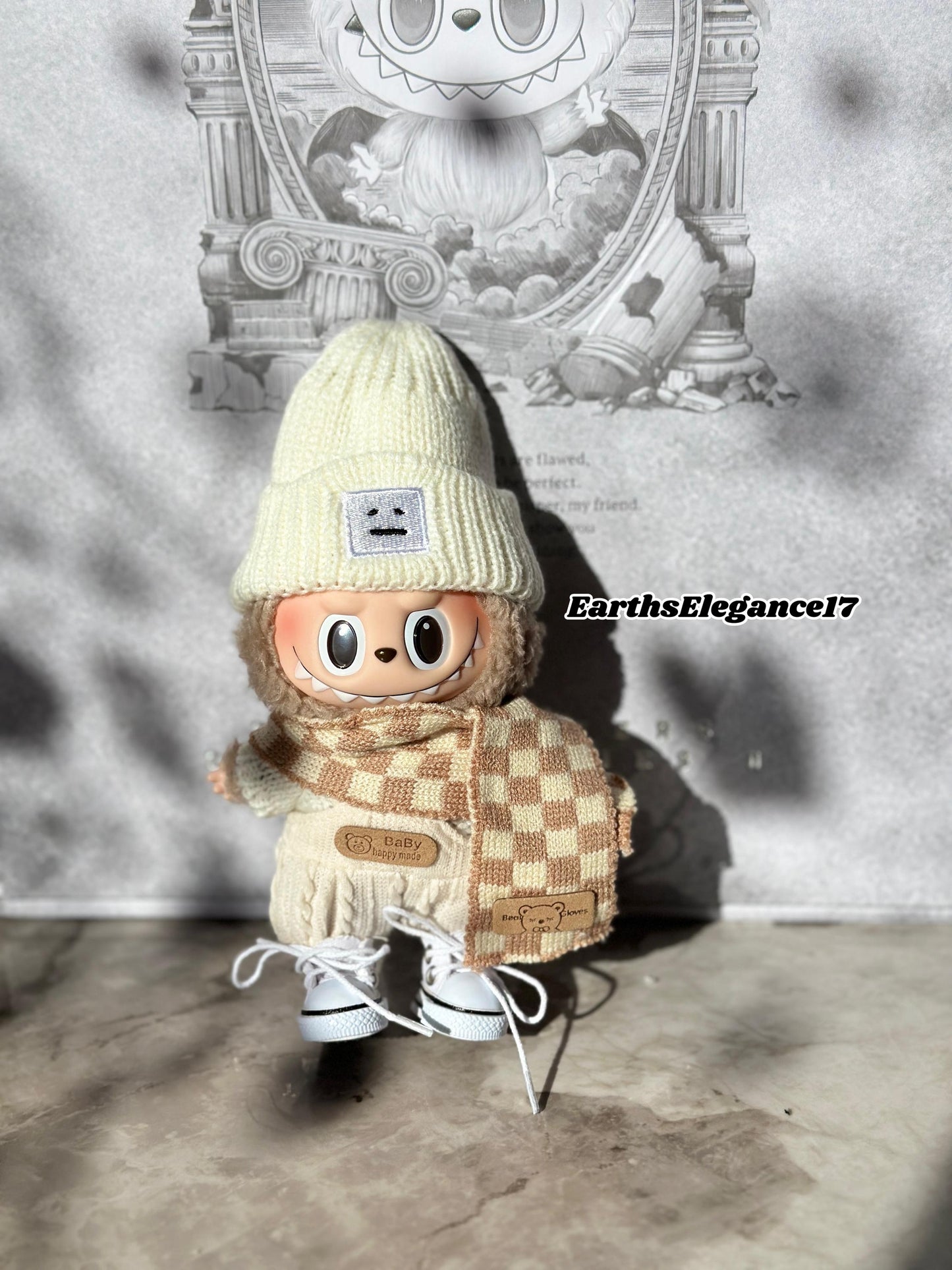 Cozy Winter Wonderland Knit Outfit for Labubu Dolls White Knit Sweater Cute Overall Beanie Scarf and White Sneakers Handmade Dressmaking Set