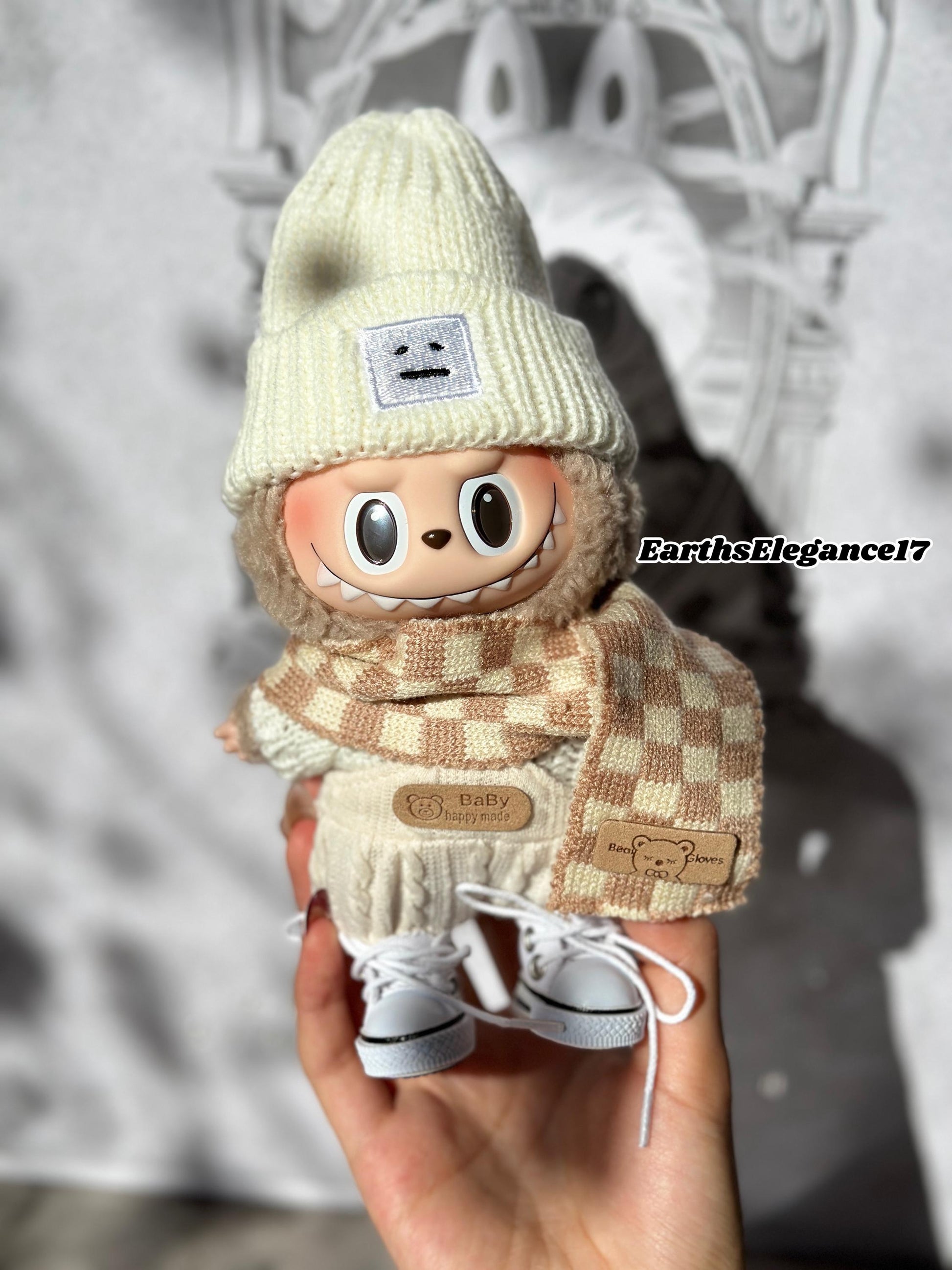 Cozy Winter Wonderland Knit Outfit for Labubu Dolls White Knit Sweater Cute Overall Beanie Scarf and White Sneakers Handmade Dressmaking Set