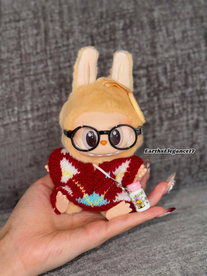 Handmade Knit Labubu Sweater Set – Cozy Red Sweater, Adorable Glasses & Drink Bottle Charm |Doll Clothes for Collectors Gifting|Labubu Cloth