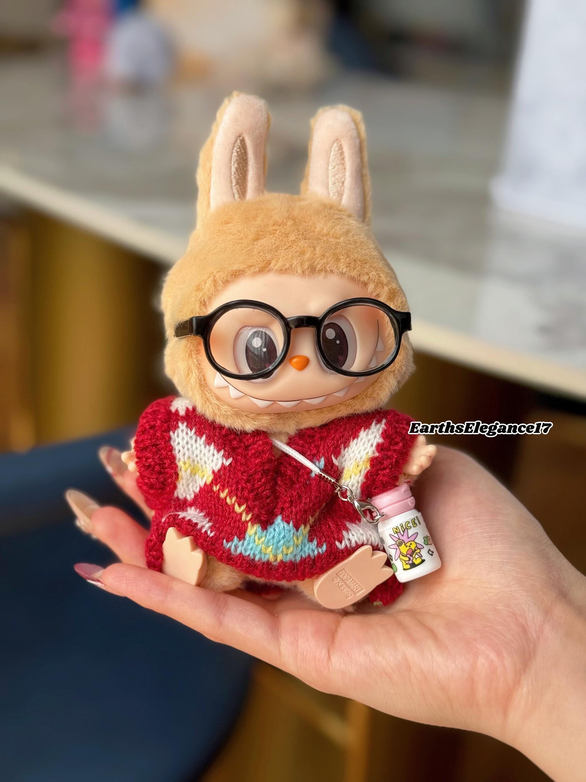 Handmade Knit Labubu Sweater Set – Cozy Red Sweater, Adorable Glasses & Drink Bottle Charm |Doll Clothes for Collectors Gifting|Labubu Cloth