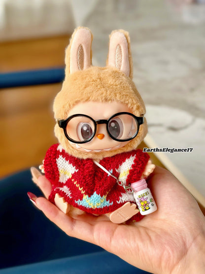 Handmade Knit Labubu Sweater Set – Cozy Red Sweater, Adorable Glasses & Drink Bottle Charm |Doll Clothes for Collectors Gifting|Labubu Cloth