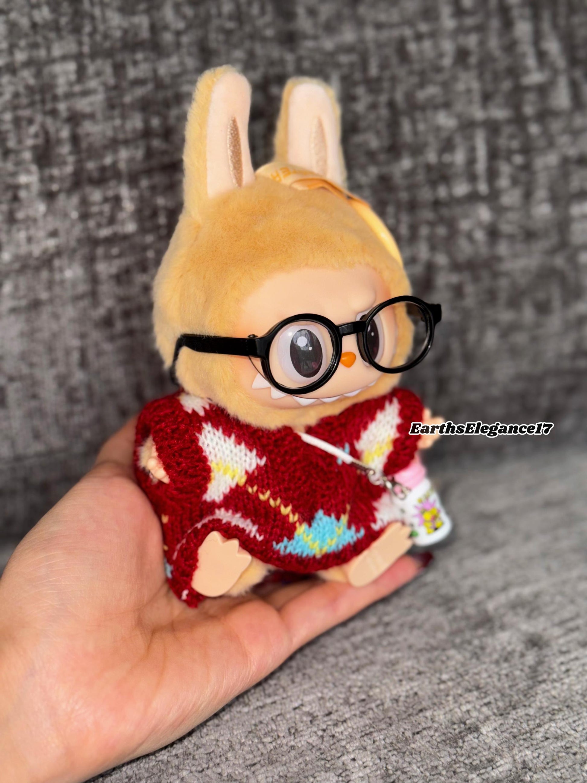 Handmade Knit Labubu Sweater Set – Cozy Red Sweater, Adorable Glasses & Drink Bottle Charm |Doll Clothes for Collectors Gifting|Labubu Cloth